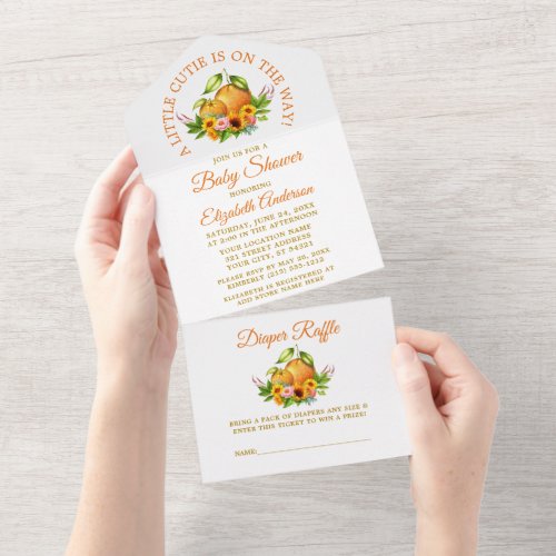 Watercolor Oranges Floral Little Cutie Shower All In One Invitation