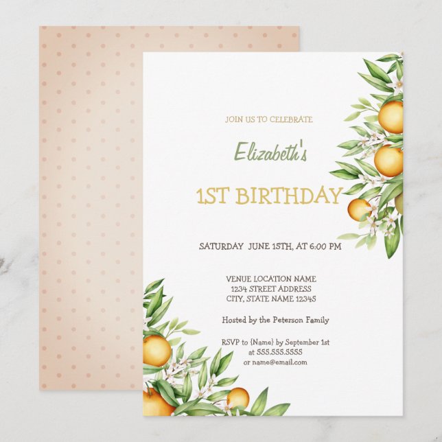 Watercolor Oranges Flowers Birthday Invitation (Front/Back)
