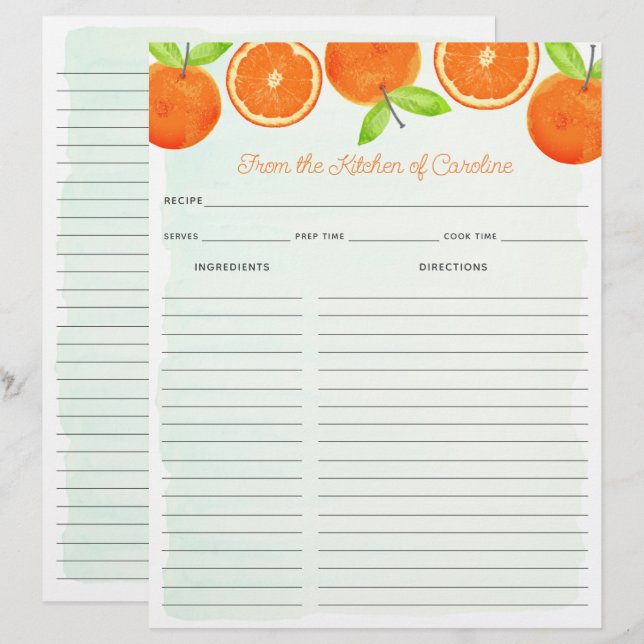 Watercolor Oranges Fruit Recipe Card Binder Insert (Front/Back)