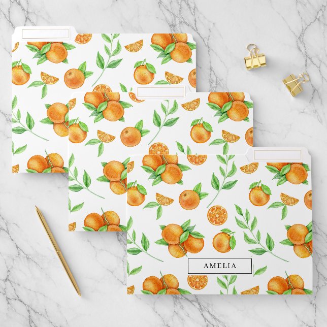 Watercolor Oranges Greenery Pattern Personalized File Folder (Set)