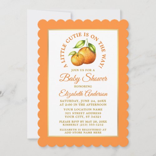 Watercolor Oranges Little Cutie Gold Frame Shower Invitation