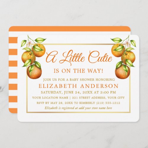 Watercolor Oranges Little Cutie Gold Shower Stripe Invitation