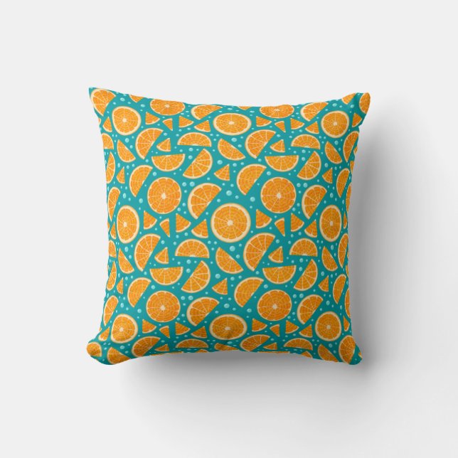 Watercolor Oranges Modern Blue Throw Pillow (Front)