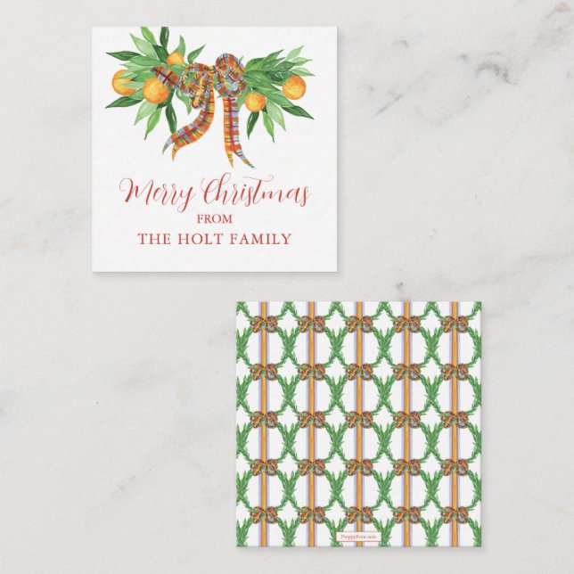 Watercolor Oranges Plaid Bow Christmas Enclosure Note Card (Front/Back)