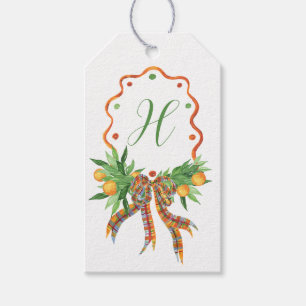 Watercolor Oranges Plaid Bow Christmas Monogram Gift Tags