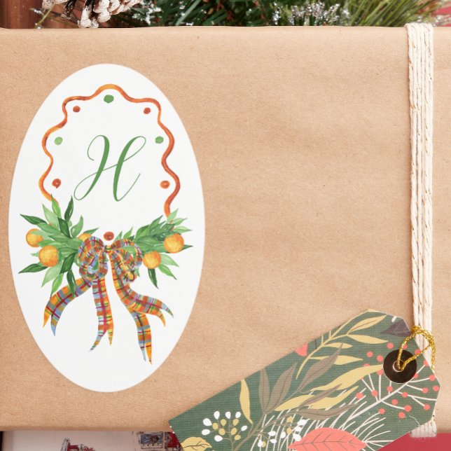 Watercolor Oranges Plaid Bow Christmas Monogram Oval Sticker (Creator Uploaded)
