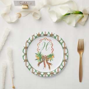 Watercolor Oranges Plaid Bow Christmas Monogram Paper Plates