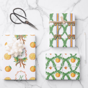 Watercolor Oranges Plaid Bow Christmas Monogram Wrapping Paper Sheets