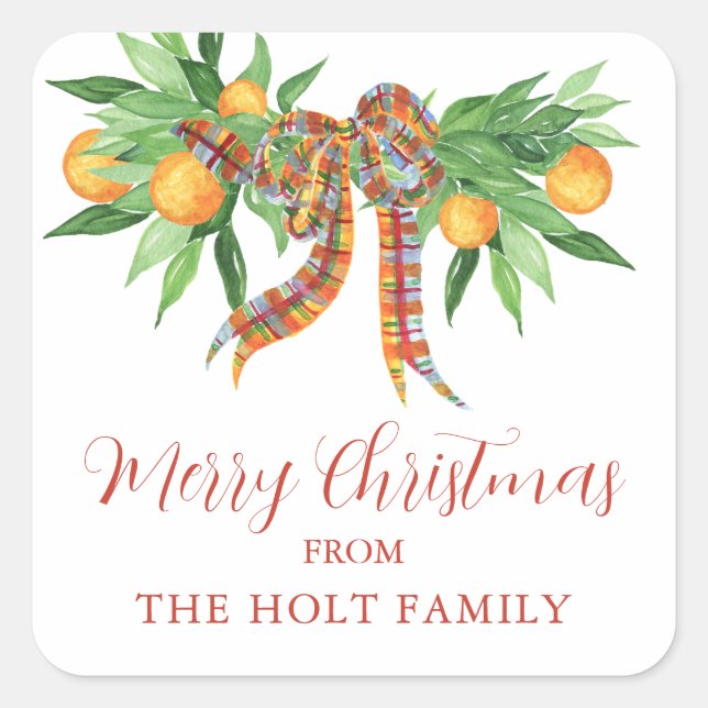 Watercolor Oranges Plaid Bow Christmas Square Sticker (Front)