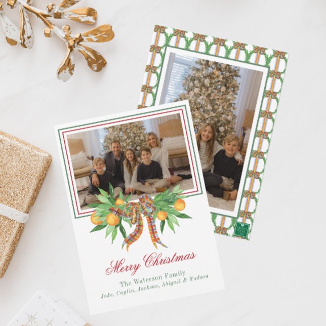 Watercolor Oranges Plaid Bow Garland Photo Holiday Card (Creator Uploaded)