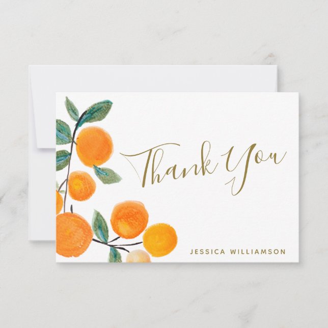 Watercolor Oranges Rustic Bridal Shower Custom Thank You Card (Front)