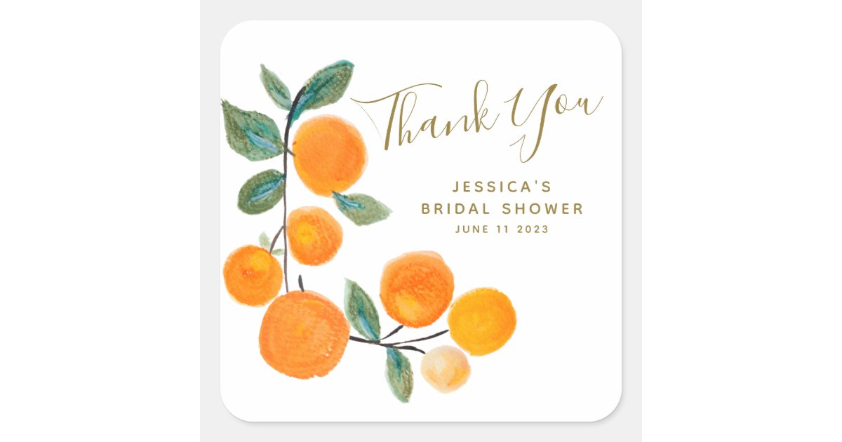 Watercolor Oranges Rustic Thank You Bridal Shower Square Sticker | Zazzle