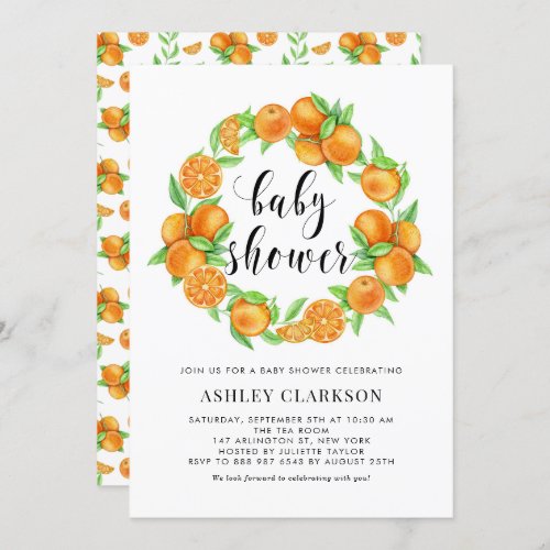 Watercolor Oranges Wreath Summer Baby Shower Invitation