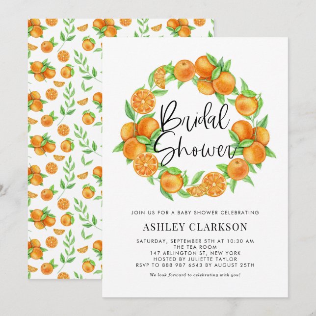 Watercolor Oranges Wreath Summer Bridal Shower Invitation (Front/Back)