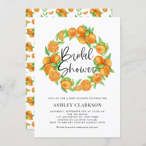 Watercolor Oranges Wreath Summer Bridal Shower Invitation