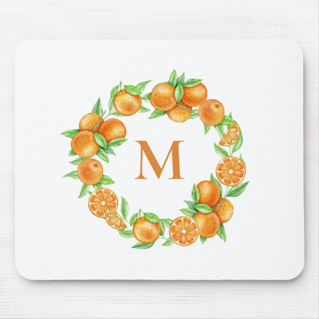 Watercolor Oranges Wreath Tropical Monogram Mouse Pad (Front)