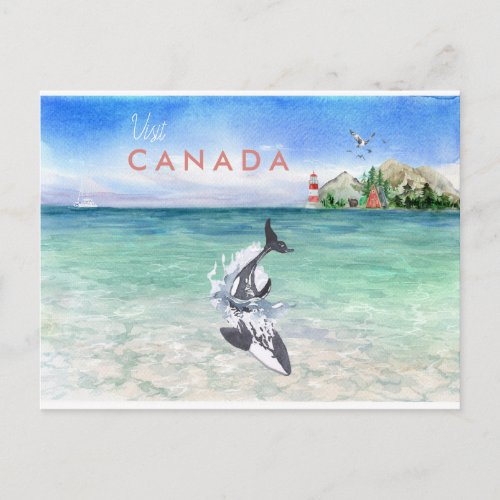 Watercolor Orca  Vintage Travel Canada Post Card