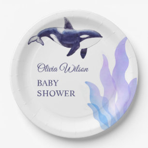 Watercolor Orca Whale Baby Shower Paper Plates