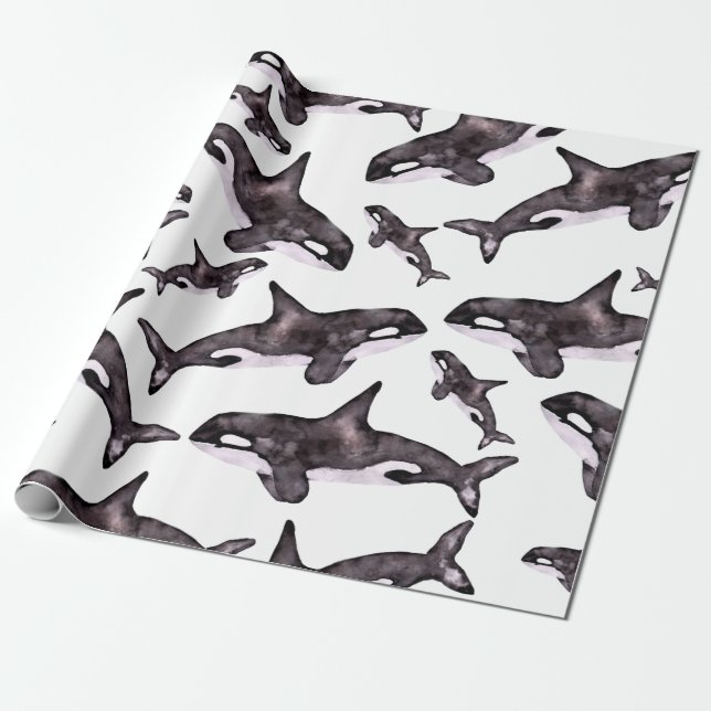 Watercolor Orca Wrapping Paper (Unrolled)