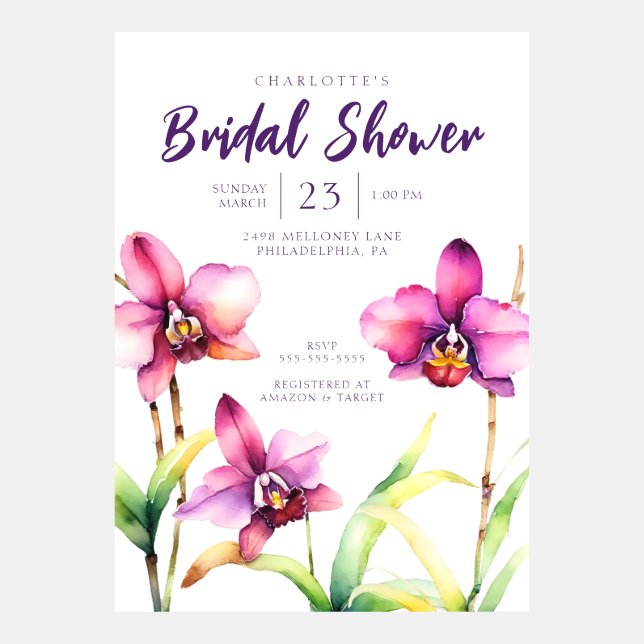 Watercolor Orchid Bridal Shower Invitation (Front)