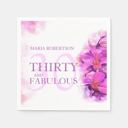 Watercolor orchid flower 30th birthday custom name napkins