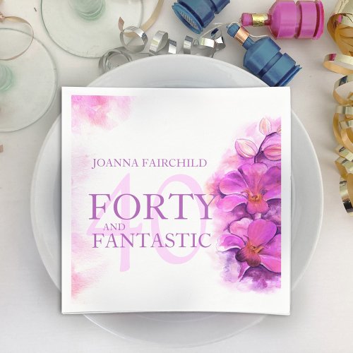 Watercolor orchid flower 40th birthday custom name napkins