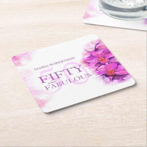 Watercolor orchid flower 50th birthday custom name square paper coaster