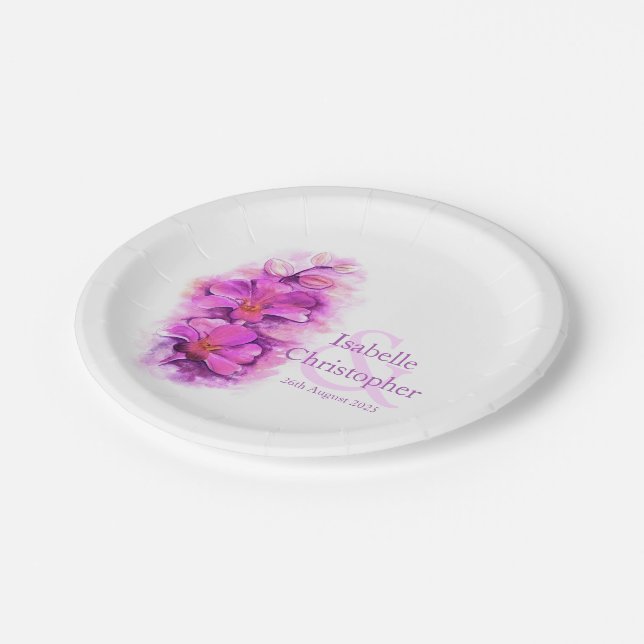 Watercolor orchid flower pink art paper plates (Angled)
