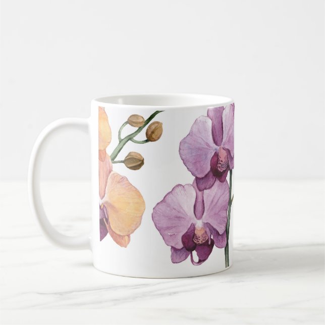 Watercolor orchid flowers, seamless pattern. coffee mug (Left)
