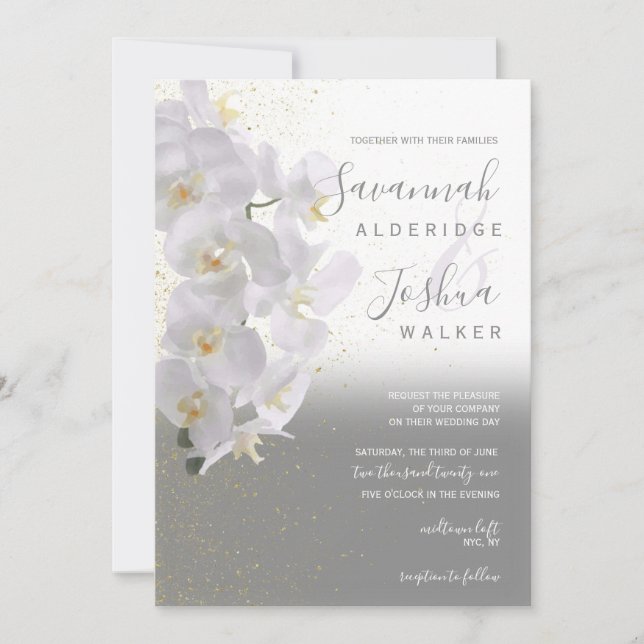 Watercolor Orchid Wedding Invitation I Gray (Front)