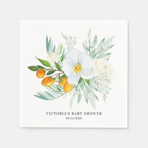 Watercolor Orchids and Kumquats Baby Shower Custom Napkins