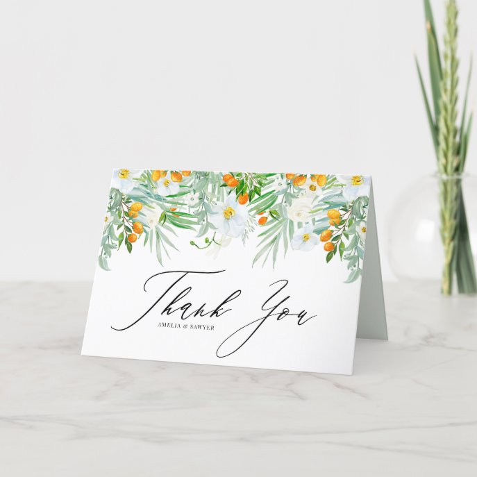 Watercolor Orchids and Kumquats Garland Wedding Thank You Card