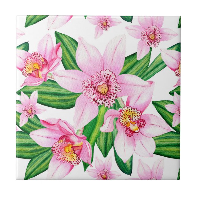 Watercolor Orchids Design 12  Ceramic Tile (Front)