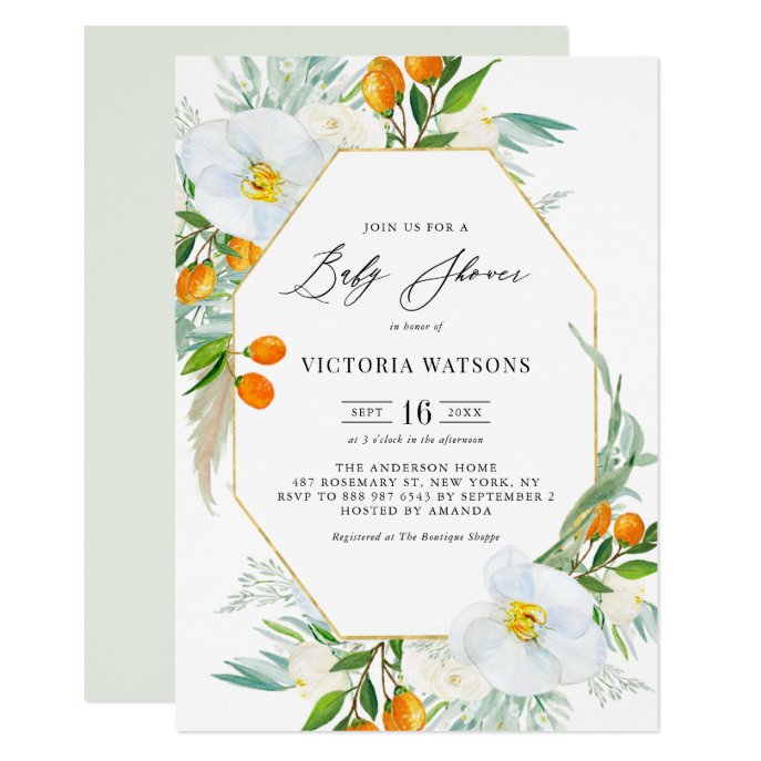 Watercolor Orchids &amp; Kumquats Frame Baby Shower Invitation