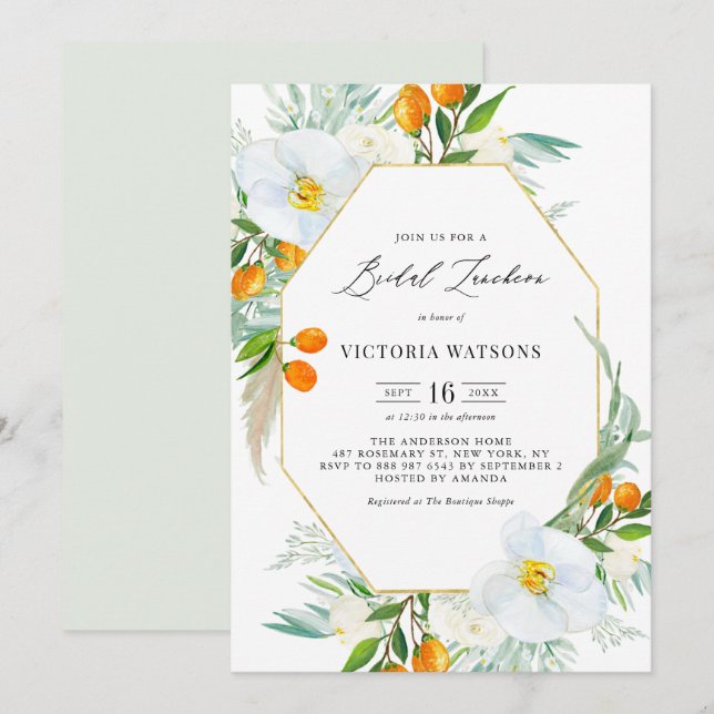 Watercolor Orchids & Kumquats Gold Bridal Luncheon Invitation (Front/Back)