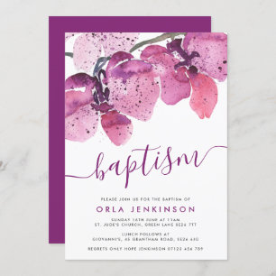 Watercolor Orchids Purple Baptism Invitation
