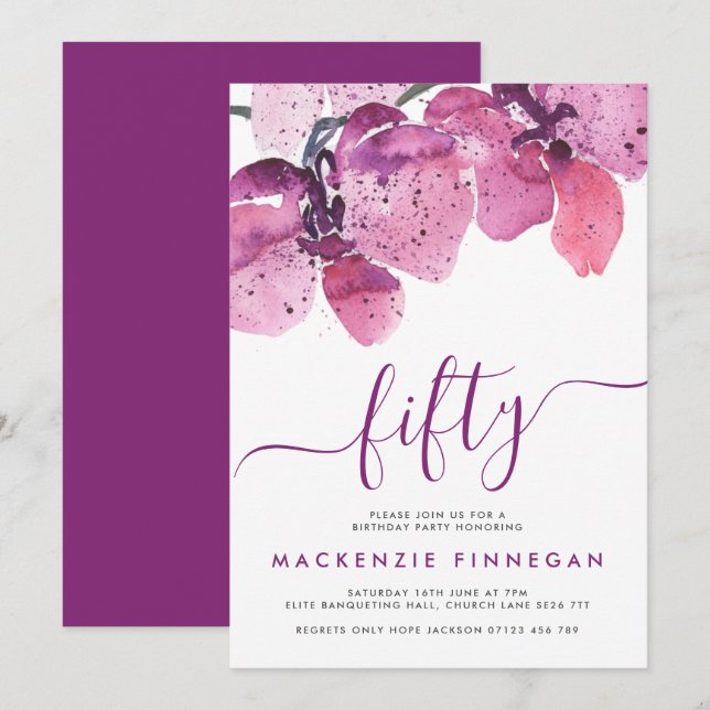 Watercolor Orchids Purple Fiftieth Birthday Party Invitation (Front/Back)