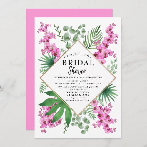 Watercolor Orchids Tropical Leaves Bridal Shower Invitation
