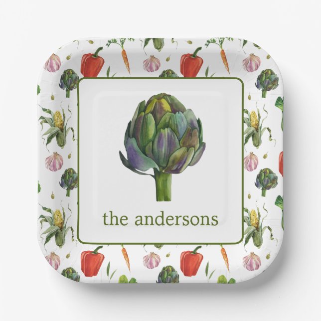 Watercolor Organic Produce Artichoke Paper Plates (Front)