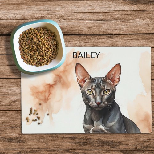 Watercolor Oriental Black Shorthair Cat Food Mat