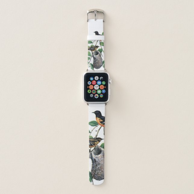Watercolor Oriole Birds and Nest Apple Watch Band (Front)