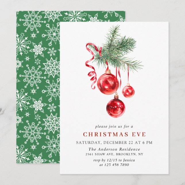 Watercolor Ornament Christmas Eve Holiday Party Invitation (Front/Back)