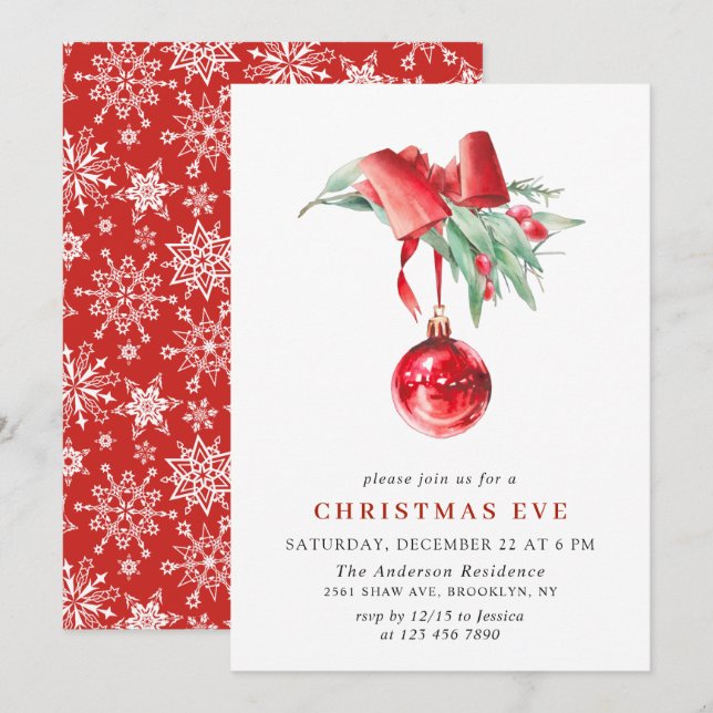 Watercolor Ornament Christmas Eve Holiday Party Invitation (Front/Back)
