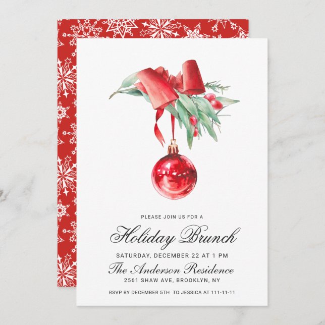 Watercolor Ornament CHRISTMAS HOLIDAY BRUNCH Invitation (Front/Back)