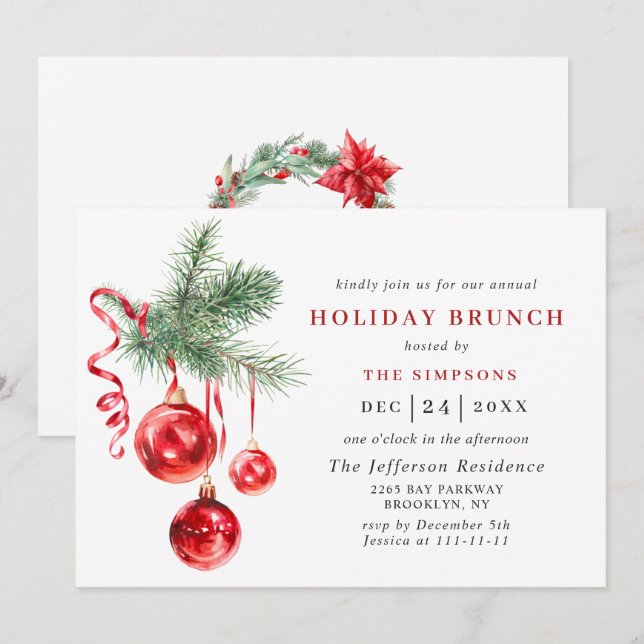 Watercolor Ornament CHRISTMAS HOLIDAY BRUNCH Invitation (Front/Back)