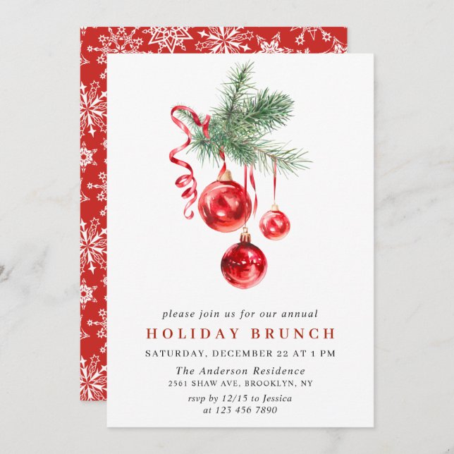 Watercolor Ornament CHRISTMAS HOLIDAY BRUNCH Invitation (Front/Back)