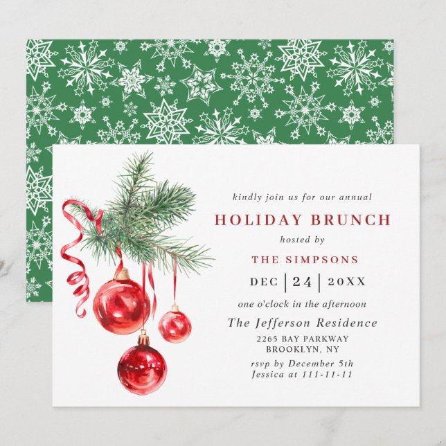 Watercolor Ornament CHRISTMAS HOLIDAY BRUNCH Invitation (Front/Back)