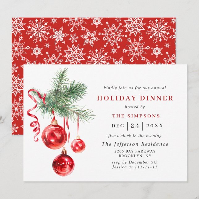 Watercolor Ornament CHRISTMAS HOLIDAY DINNER Invitation (Front/Back)