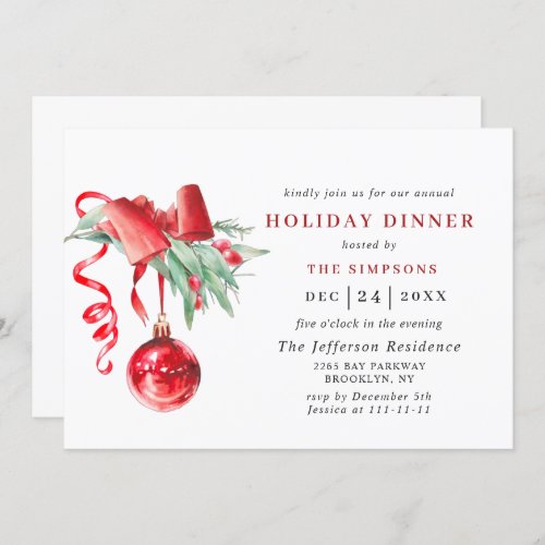 Watercolor Ornament CHRISTMAS HOLIDAY DINNER Invitation