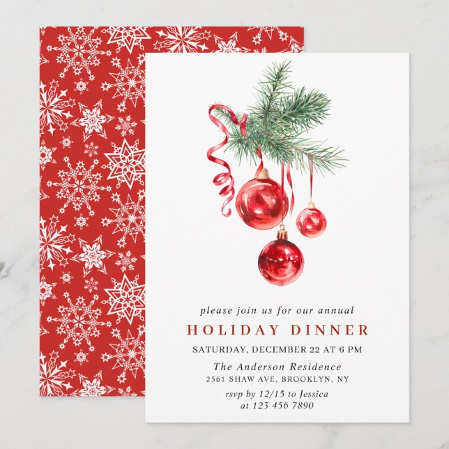 Watercolor Ornament CHRISTMAS HOLIDAY DINNER Invitation (Front/Back)